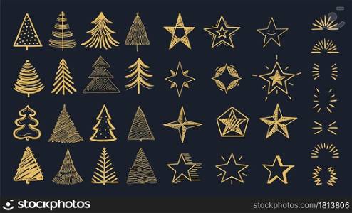 Christmas decorations pack. Doodle xmas tree, stars and burst. Decorative holiday new year vector cards, invitation. Decoration doodle scribble cartoon, drawn sketch christmas texture illustration. Christmas decorations pack. Doodle xmas tree, stars and burst. Decorative holiday new year vector elements for cards, background invitations
