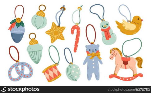 Christmas decorations toys set flat design isolated vector illustration