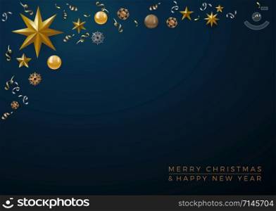 Christmas decorations with copy space in a frame and text on blue background