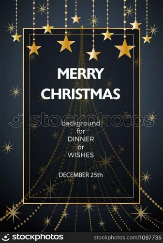 Christmas decorations with copy space in a frame and text on gray background for cover, invitation, dinner or greeting