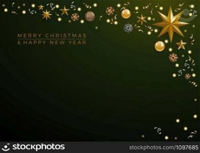 Christmas decorations with copy space in a frame and text on green background