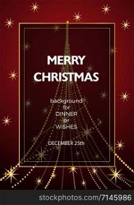 Christmas decorations with copy space in a frame and text on red background for cover, invitation, dinner or greeting