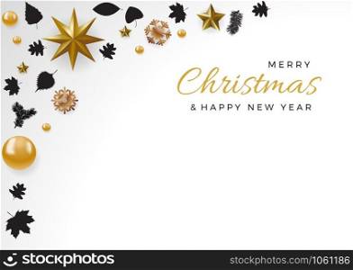 Christmas decorations with copy space in a frame and text on white background
