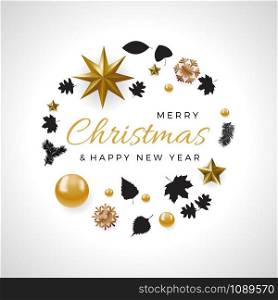 Christmas decorations with copy space in a frame and text on white background