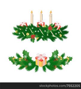 Christmas decorations with three burning candles, garlands, mistletoe leaves, holly berries and wrapped present gift box vector isolated icon. Spruce and cones, snowflakes. Christmas Decorations with Three Burning Candles
