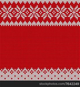 Christmas decorative background, pattern vector. Holiday white ornament of snowflakes on red canvas. Sweater with traditional winter embroidery, fancywork. Xmas celebration postcard, illustration. Christmas and New Year Background or Ornament