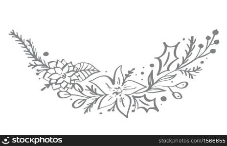 Christmas decorative corner elements design with floral leaves and branches in scandinavian style. Vector handdraw illustration for xmas greeting card.. Christmas decorative corner elements design with floral leaves and branches in scandinavian style. Vector handdraw illustration for xmas greeting card