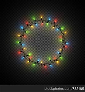 Christmas decorative realistic garland with shiny glowing lights, round frame, isolated on transparent background, vector illustration