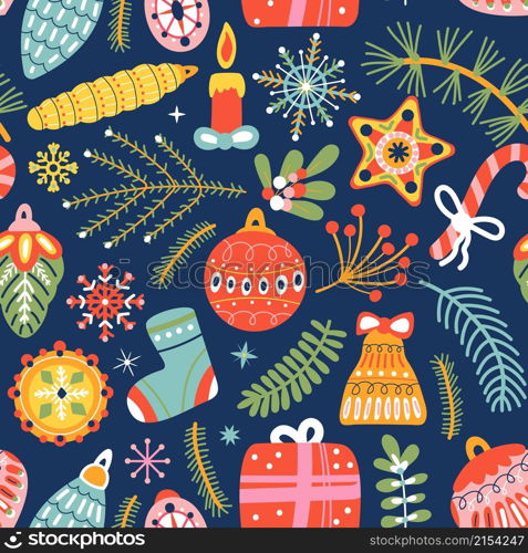 Christmas decorative seamless pattern. Holiday children print, tree winter texture. Abstract vintage xmas and new year decent vector background. Illustration of christmas pattern, winter holiday. Christmas decorative seamless pattern. Holiday children print, tree winter texture. Abstract vintage xmas and new year decent vector background
