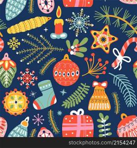 Christmas decorative seamless pattern. Holiday children print, tree winter texture. Abstract vintage xmas and new year decent vector background. Illustration of christmas pattern, winter holiday. Christmas decorative seamless pattern. Holiday children print, tree winter texture. Abstract vintage xmas and new year decent vector background