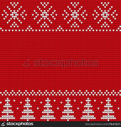 Christmas decorative white ornament of trees and snowflakes on red canvas. Winter background or wallpaper vector. Xmas sweater with embroidery in traditional style. Christmas or New Year illustration. Winter Background, Christmas Ornament of Spruces