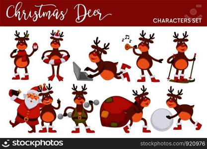 Christmas deer and Santa cartoon characters icons for New Year greeting card design template. Vector isolated reindeer in hat with gift bag singing, smiling on smartphone photo or computer. Christmas deer and Santa cartoon characters icons for New Year greeting card design template.
