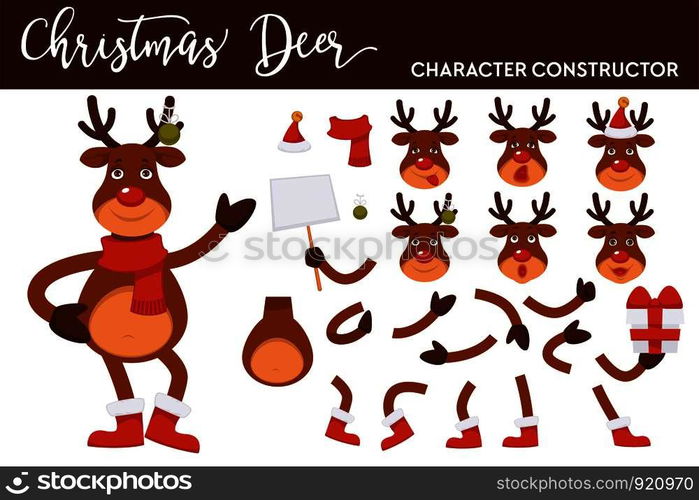 Christmas deer cartoon character constructor of Santa clothing hat, reindeer antler or hoof and body parts or New Year decoration vector icons for Christmas greeting card design. Christmas deer cartoon character constructor of Santa clothing