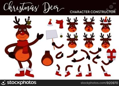 Christmas deer cartoon character constructor of Santa clothing hat, reindeer antler or hoof and body parts or New Year decoration vector icons for Christmas greeting card design. Christmas deer cartoon character constructor of Santa clothing