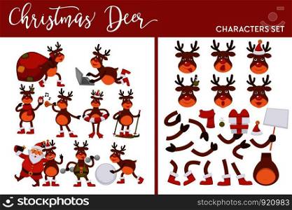 Christmas deer character set winter holiday animal parts vector reindeer walking with sack full of presents skating and singing with Santa Claus animal with horns holding gifts decorated with bows.. Christmas deer character set winter holiday animal parts