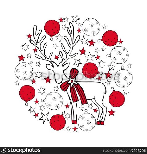 Christmas deer in a circle of stars and balls. Vector sketch illustration.