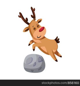 Christmas deer jumping over a rock vector illustration on a white background