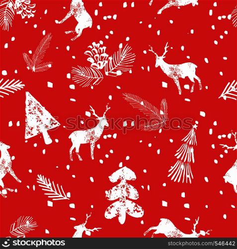 Christmas deer spruce cone seamless pattern with falling snow. Xmas cool wallpaper on the red background