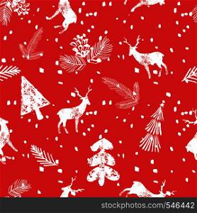 Christmas deer spruce cone seamless pattern with falling snow. Xmas cool wallpaper on the red background