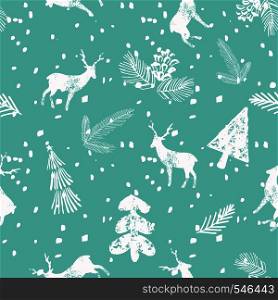 Christmas deer spruce cone seamless pattern with falling snow. Xmas cool wallpaper on the blue background