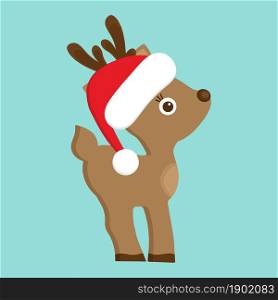 Christmas deer vector in red hat. Cute holiday reindeer.