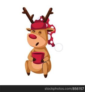 Christmas deer with red hat and mug with tea vector illustration on a white background