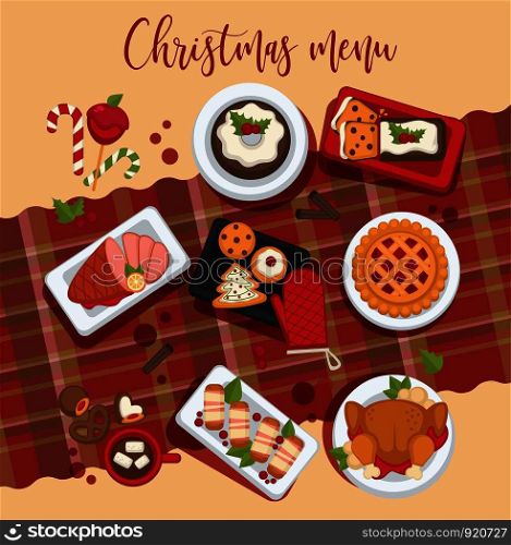 Christmas delicious traditional food on a table. Top view flat vector holidays illustration.. Christmas delicious traditional food on a table. Top view