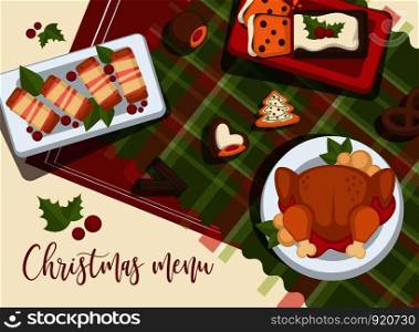 Christmas delicious traditional food on a table. Top view flat vector holidays illustration.. Christmas delicious traditional food on a table. Top view