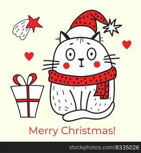 Christmas, design, cat, postcard, holiday, cartoon, outline, congratulation, gift, character, invitation, new year, Pet, decorative, december, merry christmas, christmas star, clothes, santa hat, scarf, cute, karakul, Line, isolated, funny, sketch, decor, kid, mood, winter, white, heart, cozy, poster, season, red, symbol, background, vector, lettering, decoration, graphic, happy, baby, banner, Paper, illustration, mammal