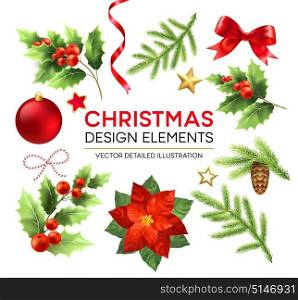 Christmas design elements set. Xmas decorations and objects. Poinsettia, fir branch, mistletoe berries, pinecone design elements. Christmas ball, ribbon and bow. Isolated vector detailed illustration. Christmas design elements set