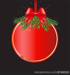 Christmas design, realistic red frame with bow. new year tree decoration and branches. Isolated on black background. Vector illustration