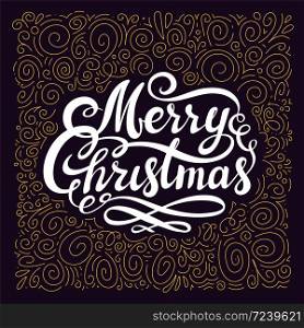 Christmas design with Calligraphic Merry Christmas Inscription and gold foil Christmas Elements on darck background. Vector illustration. Christmas design with Calligraphic Merry Christmas Inscription and gold foil Christmas Elements on darck background.
