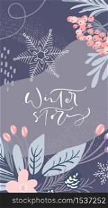 Christmas design with calligraphic text Winter story. Vector Social media template with colorful floral elements. Modern flat illustration design for holidays.. Christmas design with calligraphic text Winter story. Vector Social media template with colorful floral elements. Modern flat illustration design for holidays