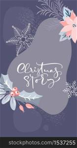 Christmas design with calligraphic text Winter story. Vector Social media template with colorful floral elements. Modern flat illustration design for holidays.. Christmas design with calligraphic text Winter story. Vector Social media template with colorful floral elements. Modern flat illustration design for holidays