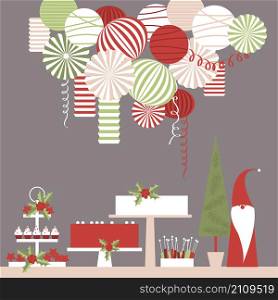 Christmas dessert table and paper lanterns. Candy bar with cakes. Vector illustration.. Christmas dessert table and paper lanterns.