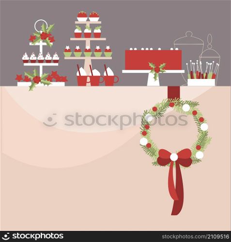 Christmas Dessert table. Sweet table. Candy Buffet. Vector illustration. . Christmas Dessert table.