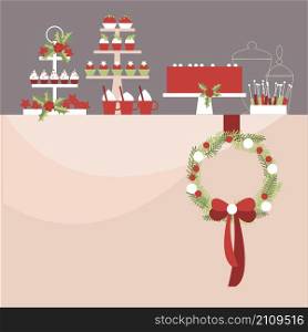 Christmas Dessert table. Sweet table. Candy Buffet. Vector illustration. . Christmas Dessert table.