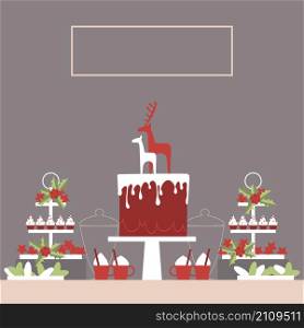 Christmas dessert table with cake and cupcakes. Candy Buffet. Vector illustration.. Christmas dessert table with cake and cupcakes.