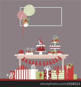 Christmas dessert table with cake and gifts. Candy Buffet. Vector illustration.