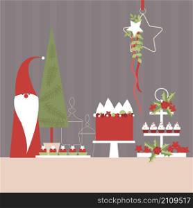 Christmas dessert table with elf and Christmas tree. Vector illustration. . Christmas dessert table with elf and Christmas tree.
