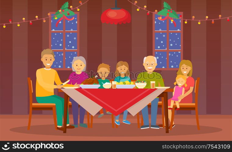 Christmas dinner at home celebration of people vector. Mother and father, children and grandchildren, decorated interior with garlands and light lamps. Christmas Dinner at Home Celebration of People