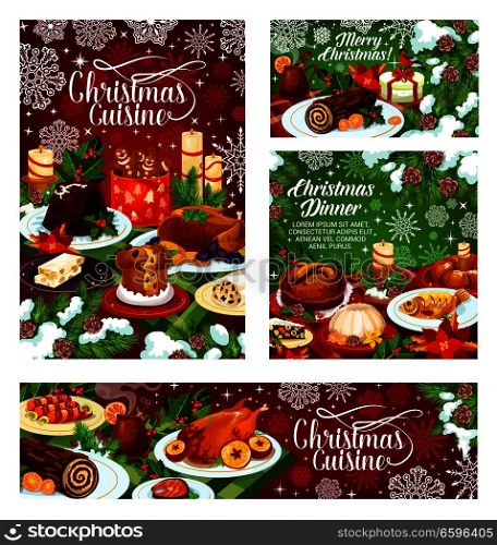 Christmas dinner banner of festive table with Xmas food. Baked turkey and fish, cookie, fruit pudding and cake, mulled wine and nut dessert with holly berry, candle and snowflake for Xmas party design. Christmas dinner banner of table with Xmas food