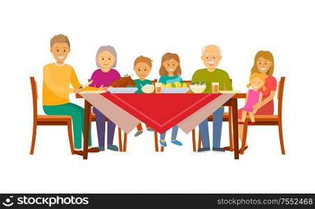 Christmas dinner of big family sitting by table vector. People celebrating new years eve, eating food. Grandmother and grandfather with children together. Christmas Dinner of Big Family Sitting by Table