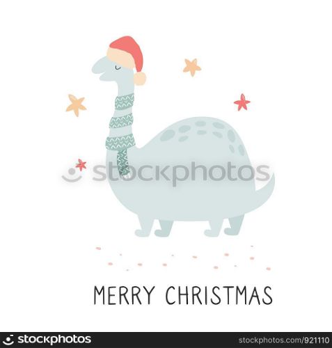 Christmas dino in scarf and Santa hat. Festive print, illustration