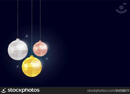  Christmas disco balls hanging on the string on the dark background with stars. Vector design.