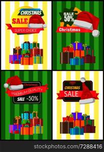 Christmas discount for holiday presents promotional posters with boxes in heap and Santa hat cartoon flat vector illustrations on striped background.. Christmas Discount for Holiday Presents Posters