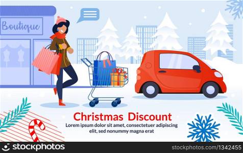 Christmas Discount for Woman Advertising Poster. Happy Girl with Purchases in Handbags after Visit to Fashion Boutique. Winter Season. Snowy Street. Parked Car and Shop Building. Vector Illustration. Christmas Discount for Woman Advertising Poster