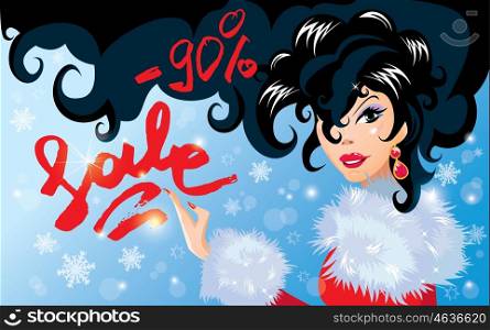 Christmas Discount horizontal banner with Smiling Happy brunette girl. Calligraphic hand written text Sale. Winter background with snowflakes.