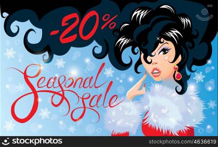 Christmas Discount horizontal banner with Smiling Happy brunette girl. Calligraphic hand written text Seasonal sale. Winter background with snowflakes.