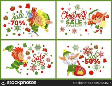 Christmas discounts, 70 percent sale. Promotional banners set with proposals from shops. Elves xmas character with gifts and presents for winter holidays. Old leprechaun with bag full of sweets vector. Christmas Sale 70 Percent Off Promo Banners Set